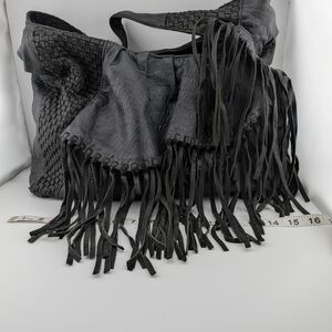 Fringed Woven Leather Hobo Bag in Black